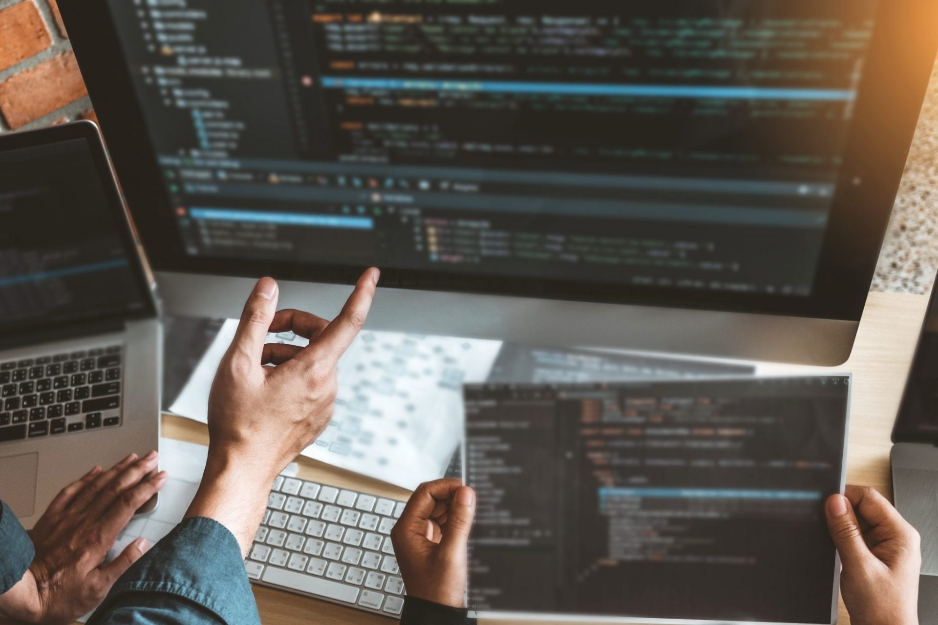Developing programmer Team Development Website design and coding technologies working in software company office