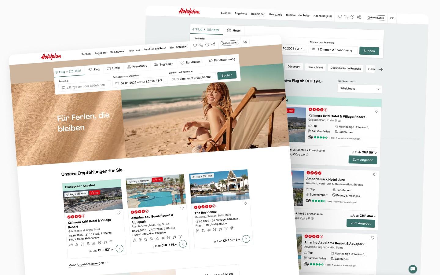 Hotelplan UI Comparison: A side-by-side presentation of two website mockups for the travel platform Hotelplan. The left screen shows a detailed search results page with a filter sidebar and hotel listings, while the right screen displays a homepage layout with a large hero image of a woman relaxing on a beach.
