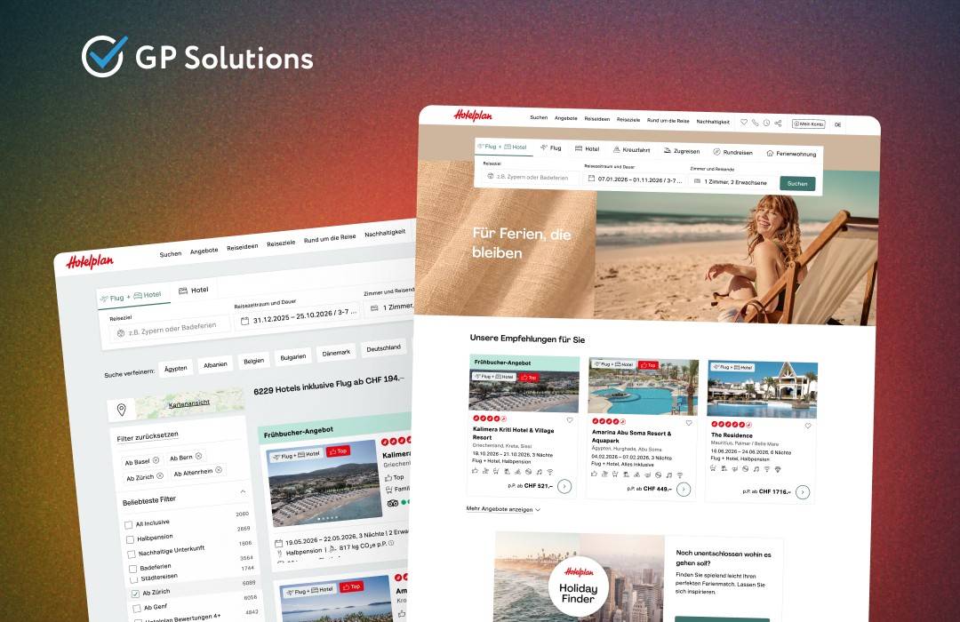 A visual presentation for GP Solutions showcasing their development work on the Hotelplan web platform. The image features two overlapping website mockups against a dark blue background with the GP Solutions logo in the top left corner. The foreground mockup displays the Hotelplan homepage with a beach-themed hero image and the heading "Für Ferien, die bleiben," followed by vacation recommendations. The background mockup shows a detailed search results page with a comprehensive filtering sidebar for amenities, room types, and pricing.