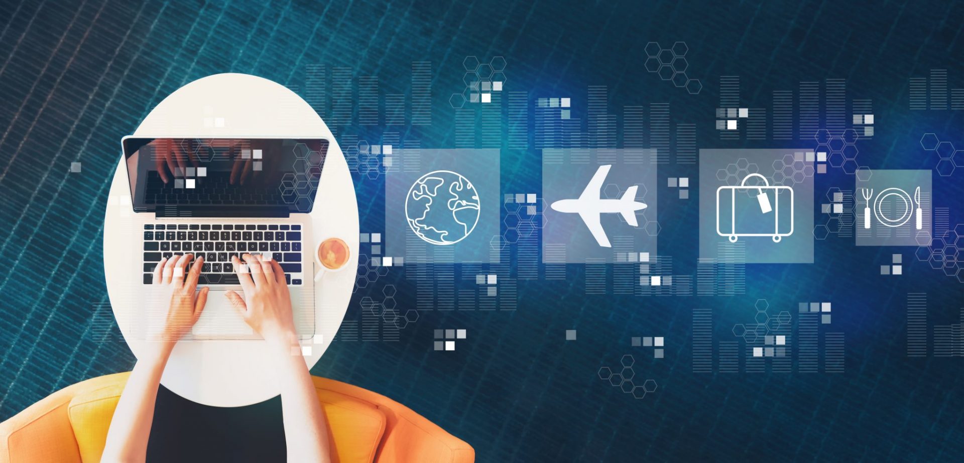 Airplane travel theme with person using a laptop