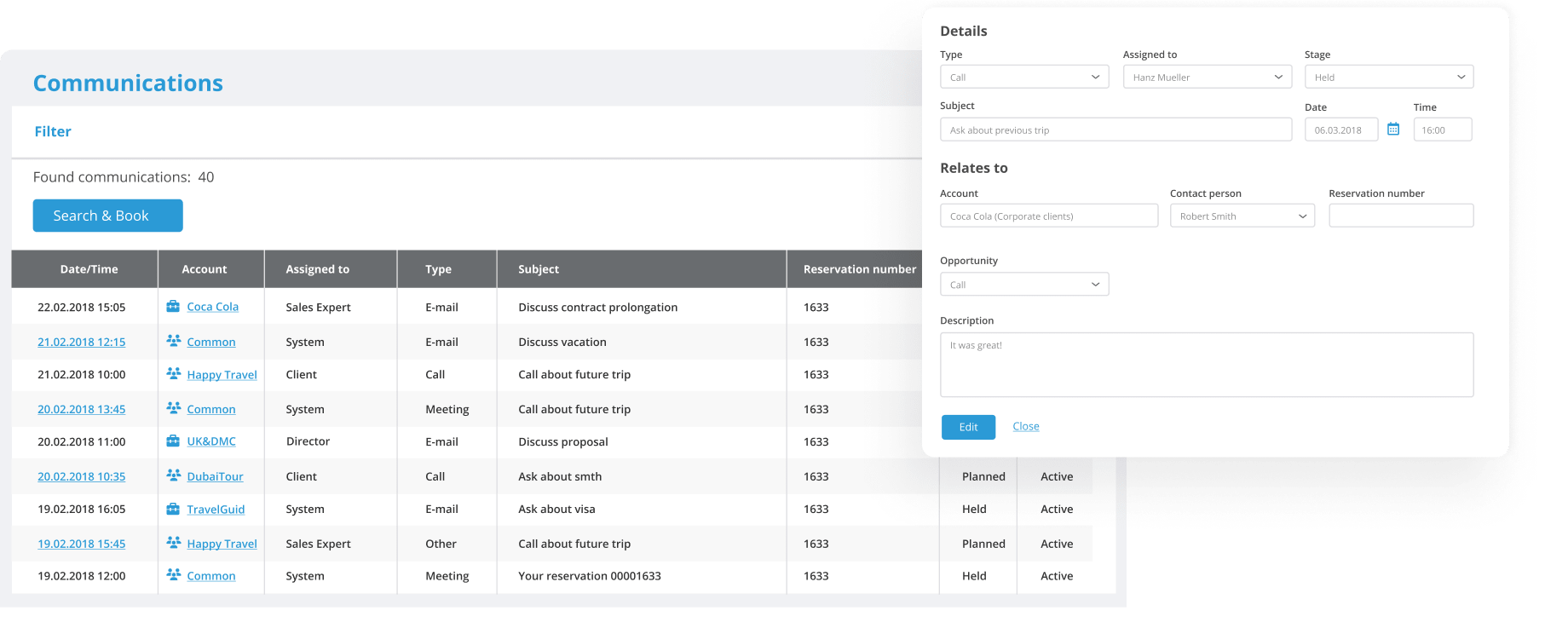 Communications section in a travel CRM