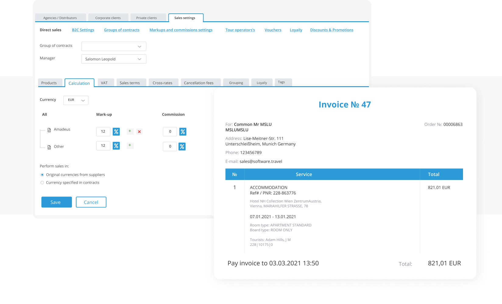 GP Solutions travel back-office settings page