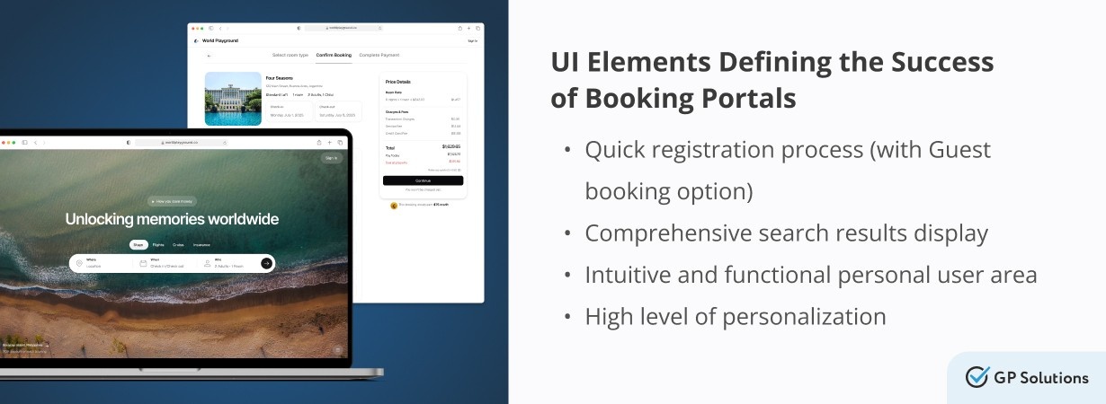 A graphic titled "UI Elements Defining the Success of Booking Portals." On the left, two laptop screens display modern, visually appealing travel booking website interfaces. On the right, a bulleted list includes: Quick registration process (with Guest booking option), Comprehensive search results display, Intuitive and functional personal user area, and High level of personalization. A GP Solutions logo is at the bottom right.