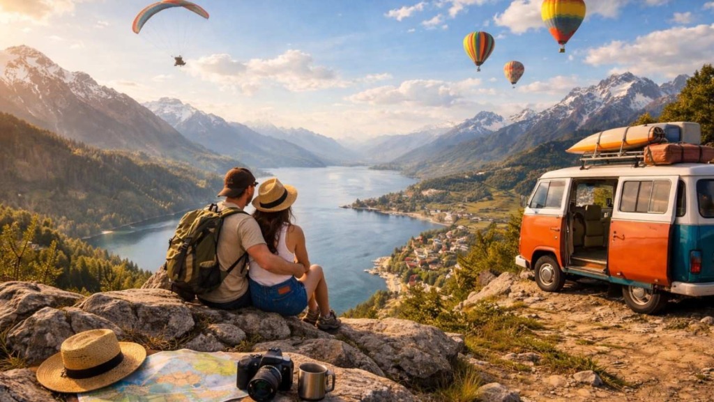 A scenic photo of a couple sitting closely on a rocky cliff overlooking a winding lake surrounded by majestic mountains. Parked right next to them on the cliff is a vintage orange and white camper van. In the sky above the lake, there are three hot air balloons and one paraglider. In the immediate rocky foreground, a straw hat, a paper map, and a DSLR camera are laid out.