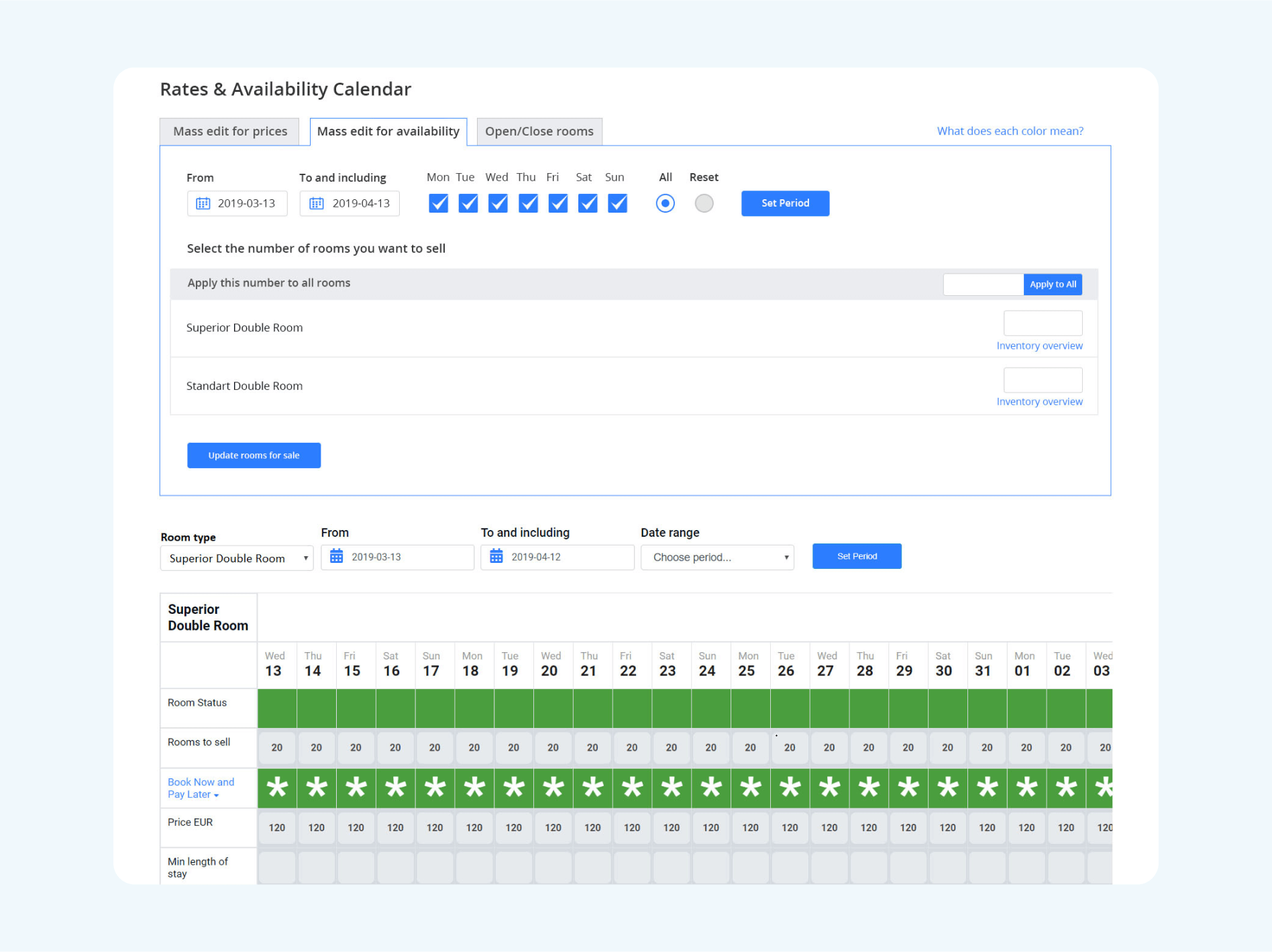 Hotel rates and availability calendar