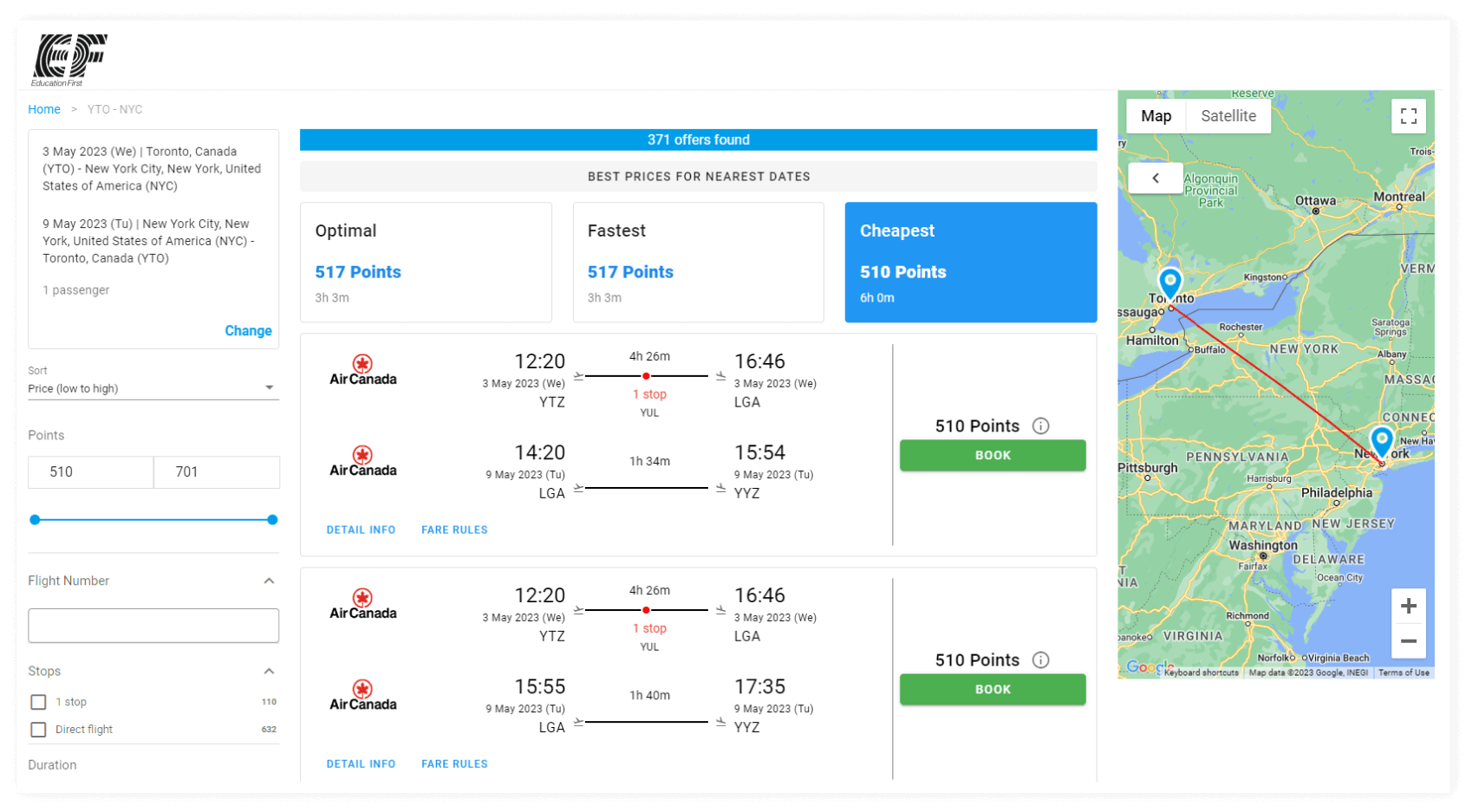 EF flight booking portal