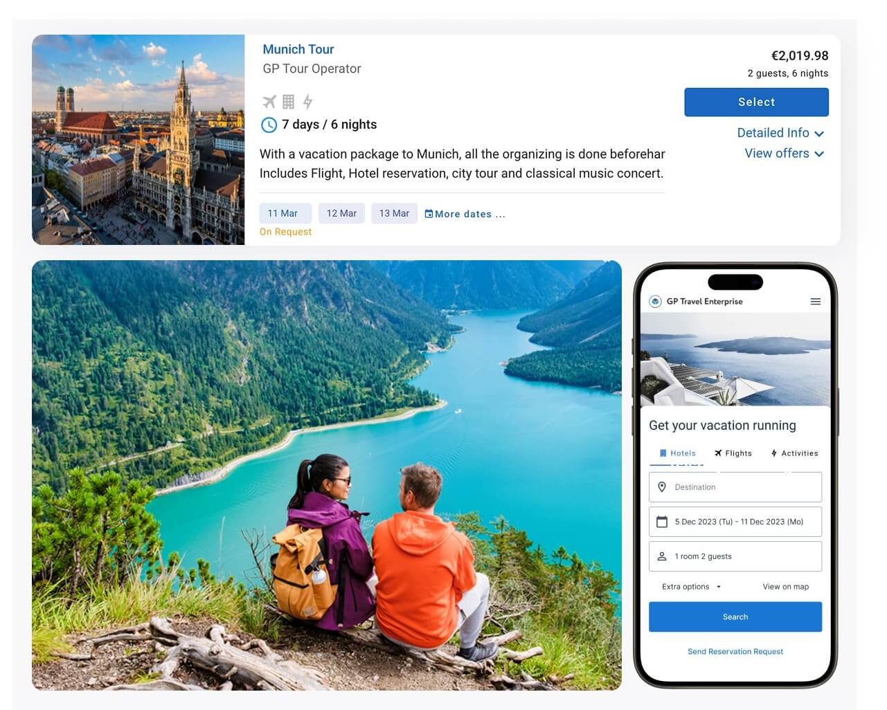 Screenshots of munich tour booking arrangements accompanied by a photo of a couple sitting on top of a hill overseeing a lake