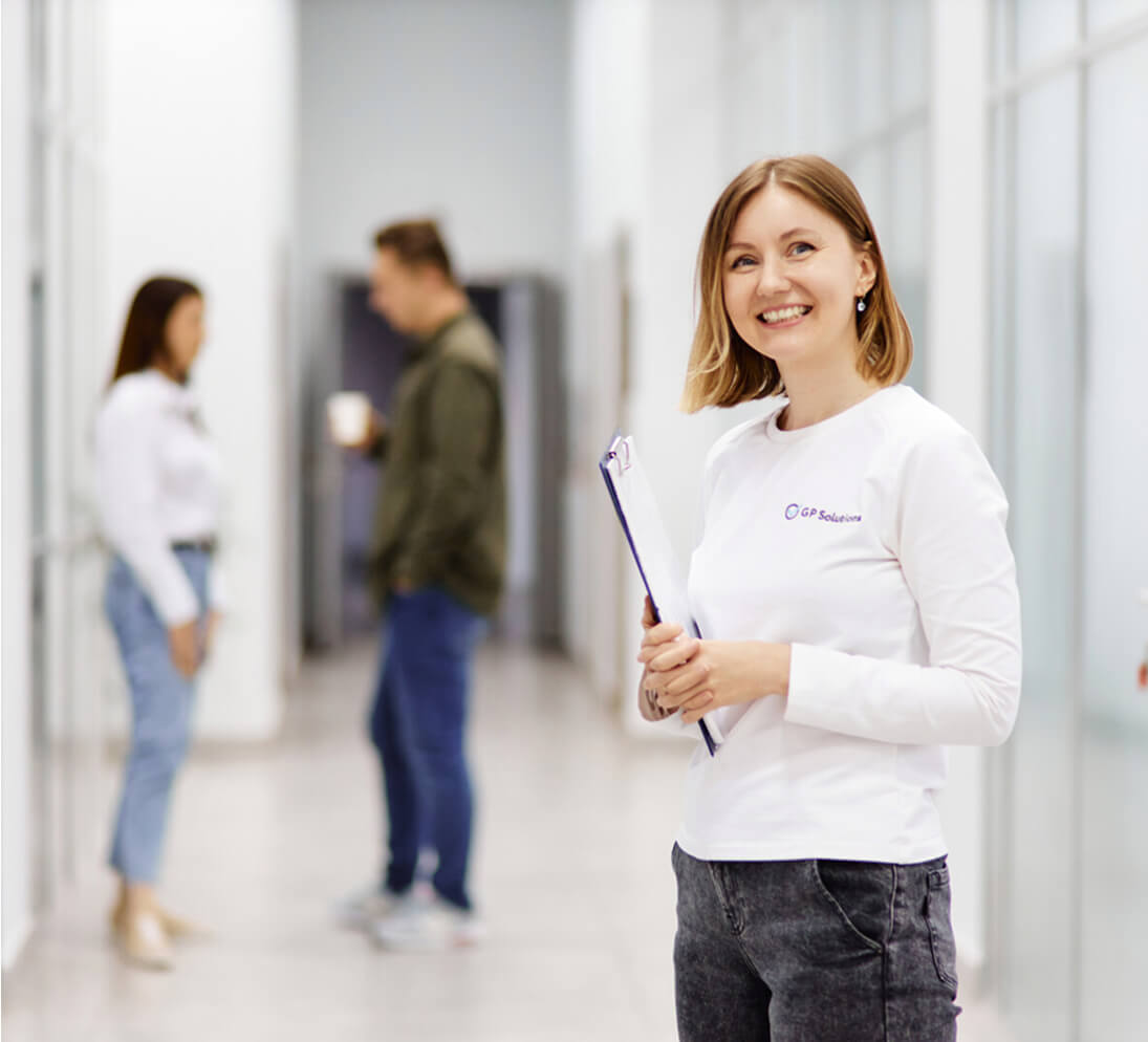 a woman in a white shirt