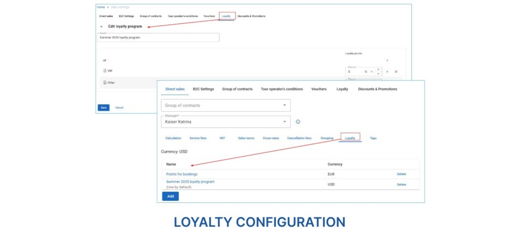 Screenshot illustrating loyalty configuration in GP Travel Enterprise