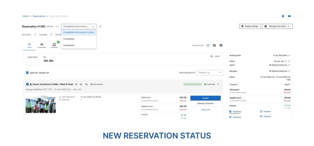 Screenshot illustrating new reservation status in gp travel enterprise