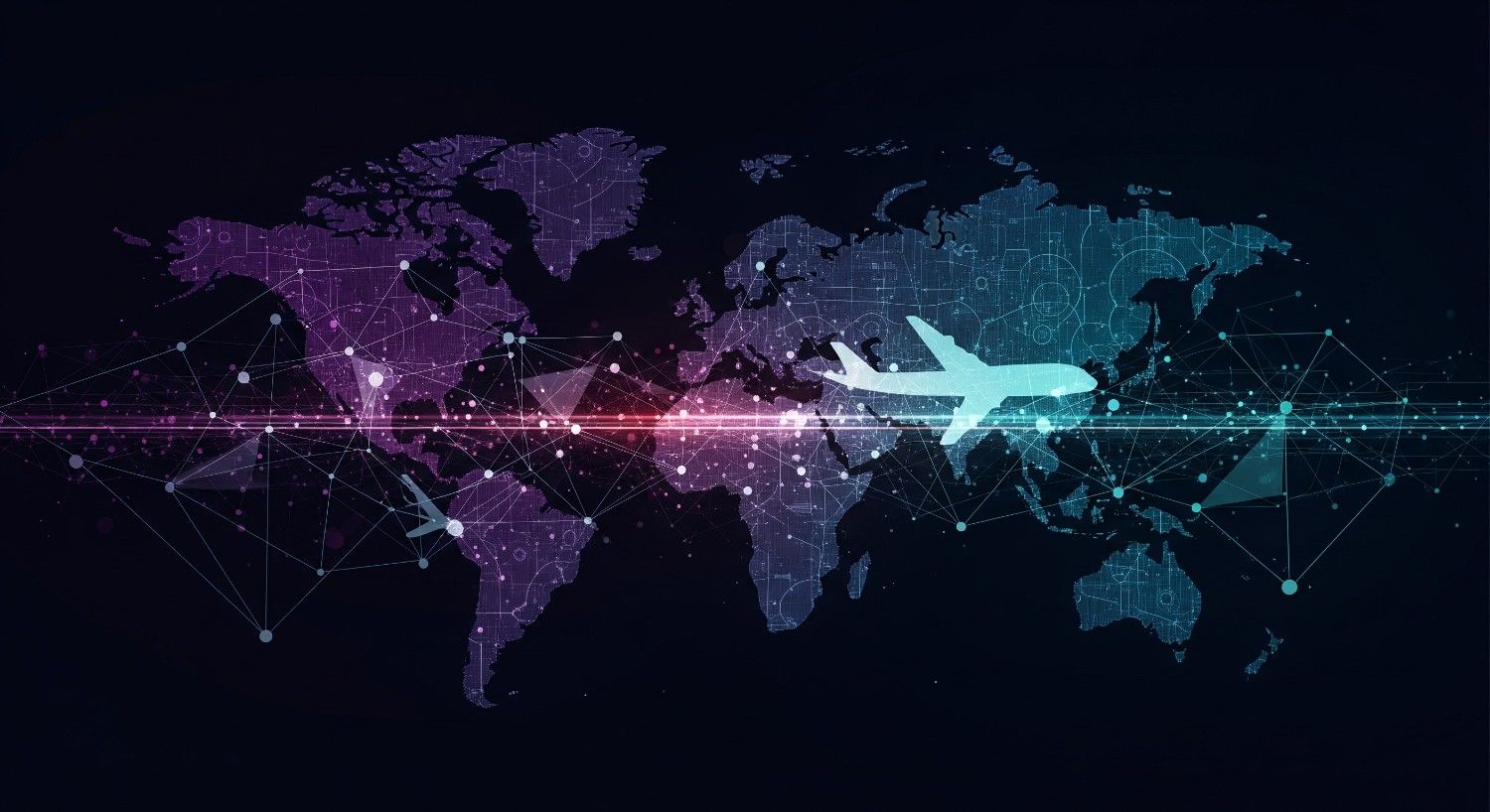 Plane flying over world map