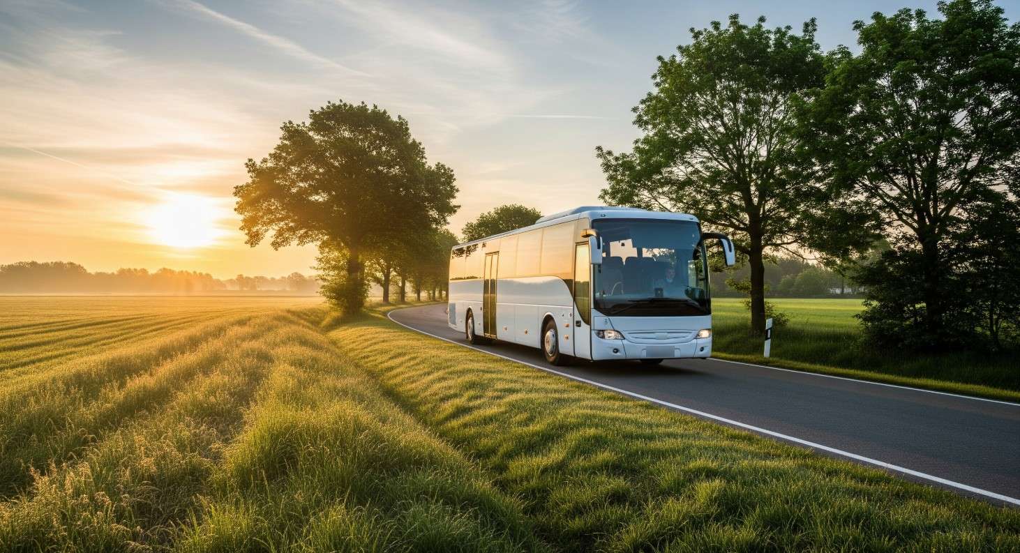 white coach driving through a serene morning landscape