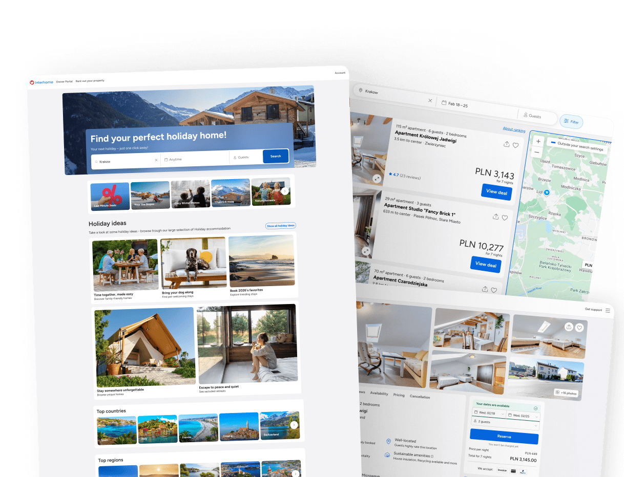 A composite display of the Interhome website across three overlapping screens. The primary screen shows the homepage with the headline "Find your perfect holiday home!" and a search bar for location, dates, and guests. Below are featured categories like "Last Minute Deals" and "Holiday ideas". The background screens show search results for Kraków with a map and a detailed property page featuring an image gallery and booking widget.