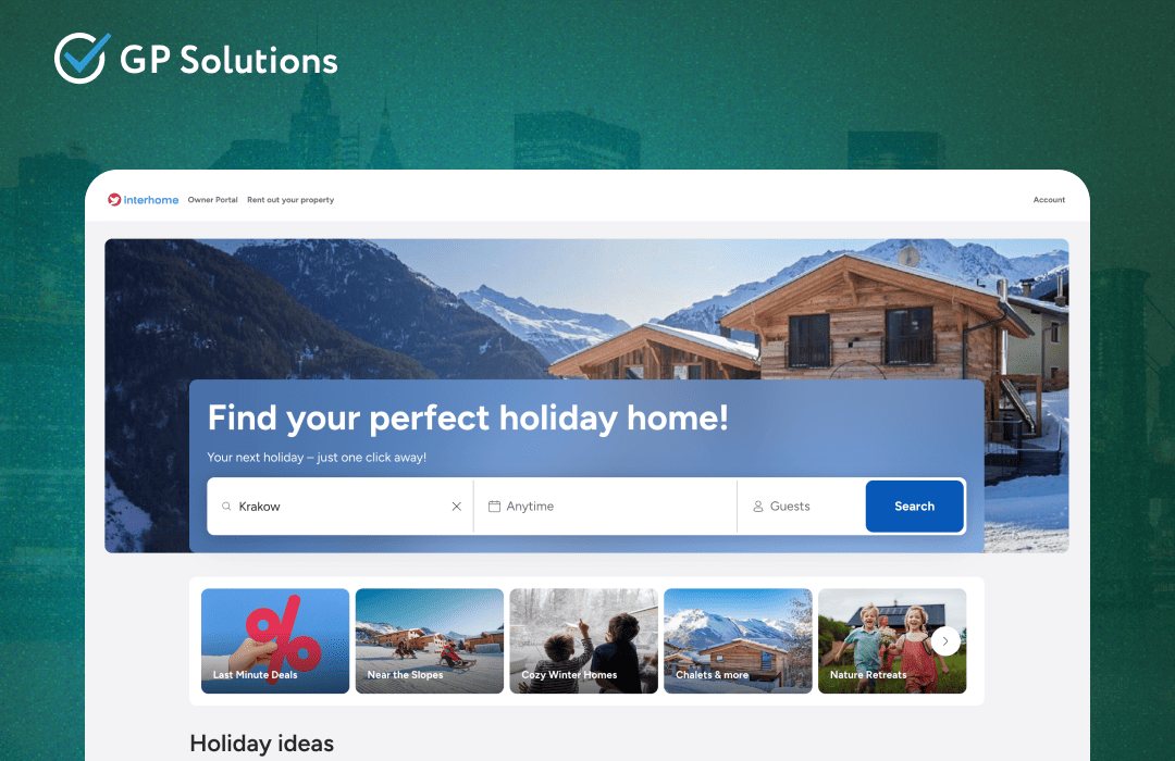A promotional banner featuring the GP Solutions logo at the top over a dark green cityscape. Below is a browser window displaying the header of the Interhome website, which includes a hero section with the text "Find your perfect holiday home!" and a search interface. Category tiles such as "Near the Slopes" and "Cozy Winter Homes" are visible beneath the search bar.