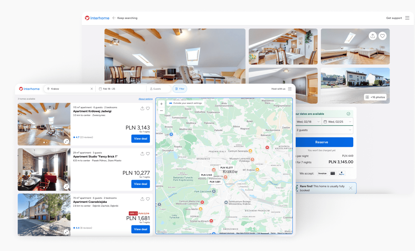 A layout showcasing three user interface screens from the Interhome search and booking process. One screen displays property listings in Kraków with prices in PLN and an interactive map. Another screen shows a high-quality photo gallery of an apartment interior, while the foreground screen features a booking summary with a date picker and a blue "Reserve" button.