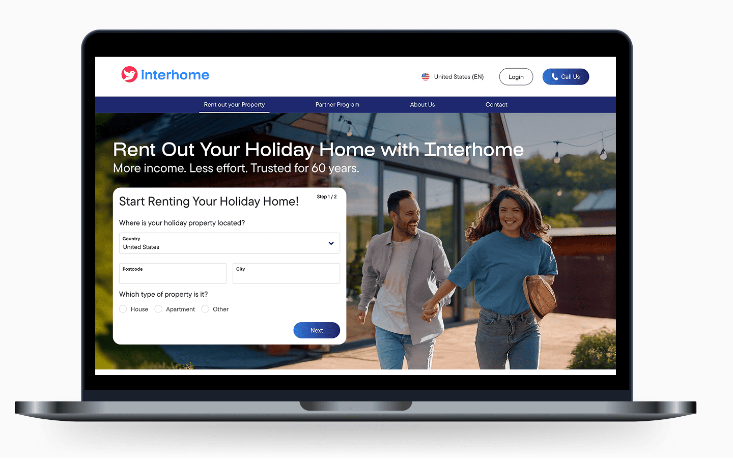 A laptop displaying the "Rent Out Your Holiday Home with Interhome" landing page. The page features a headline promising "More income. Less effort." and a form titled "Start Renting Your Holiday Home!" where users can enter their property's location and type. The background image shows a smiling couple running in front of a modern holiday home.