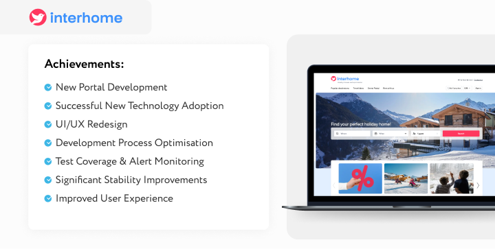 A presentation slide titled "Achievements:" for the Interhome project. A checklist on the left highlights successes such as New Portal Development, UI/UX Redesign, and Significant Stability Improvements. To the right, a laptop displays the updated Interhome homepage hero section featuring a snowy mountain cabin.