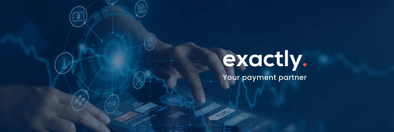 A dark blue banner for "exactly. Your payment partner." The background features a hand interacting with a digital interface showing financial data and a circular tech-style HUD.
