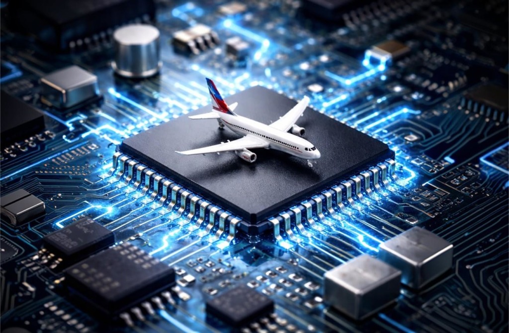 A conceptual image showing a miniature white commercial airplane resting on top of a black, square computer microchip. The chip is mounted on a highly detailed, glowing blue electronic circuit board.