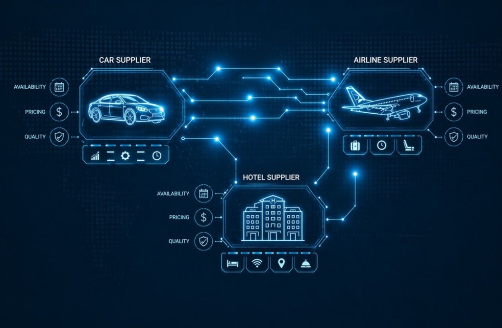 Glowing blue digital network connecting a car, airplane, and a hotel building on a dark map background.
