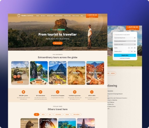 TourCompass Reise-Webseite-Homepage mit globalen Tourenkategorien, Vertrauenssiegeln und beliebten Touren.