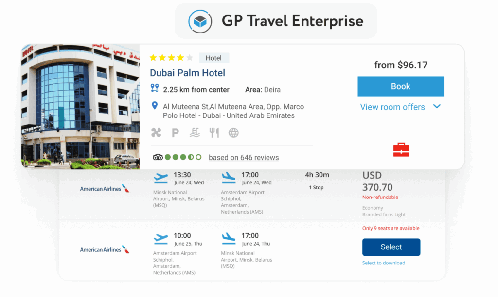A travel interface showing a Dubai Palm Hotel booking card overlapping American Airlines flight options