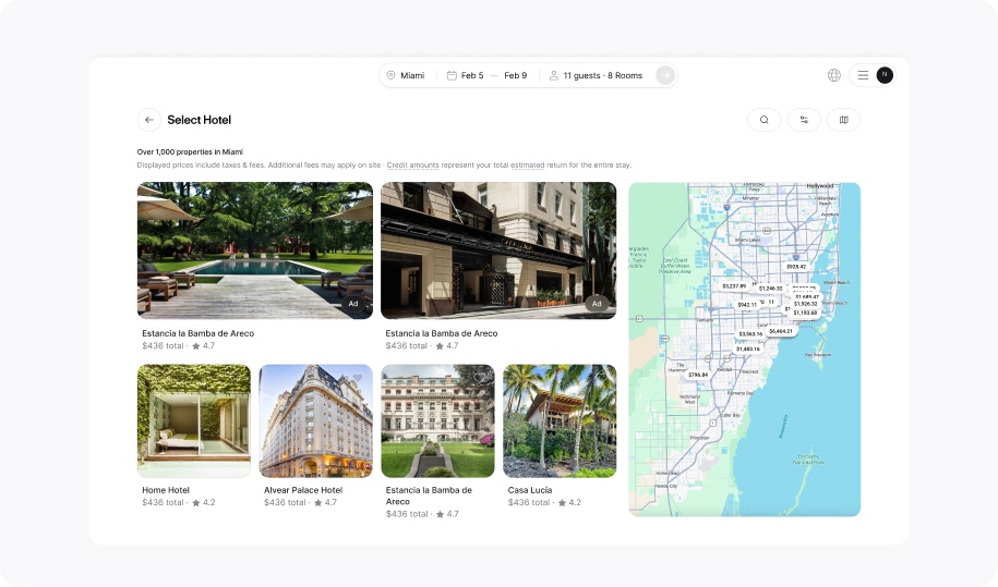 Hotel booking website UI showing Miami search results featuring property image cards, prices, and a map view.