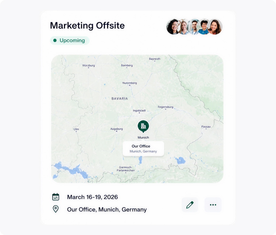 UI card for an upcoming Marketing Offsite in Munich, Germany, displaying a map, dates, and user avatars