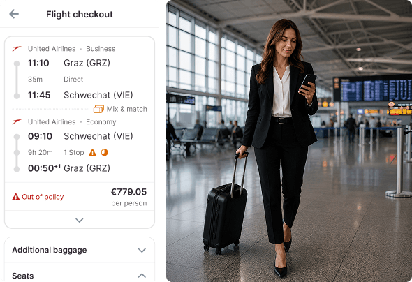 Flight checkout app screen next to a businesswoman walking through an airport terminal looking at her phone