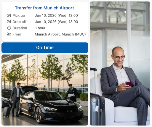 Munich airport transfer info card next to a black Audi pickup photo and a businessman in an airport lounge