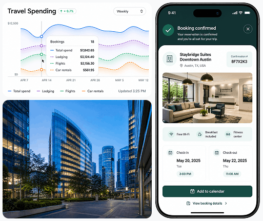 Collage with a travel spending line chart, a city street photo, and a hotel booking confirmation on a phone