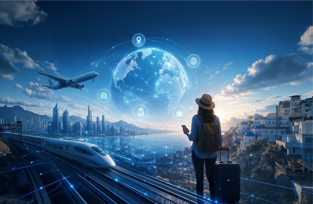 A traveler with luggage looks toward a futuristic digital globe, high-speed train, airplane, and smart city.