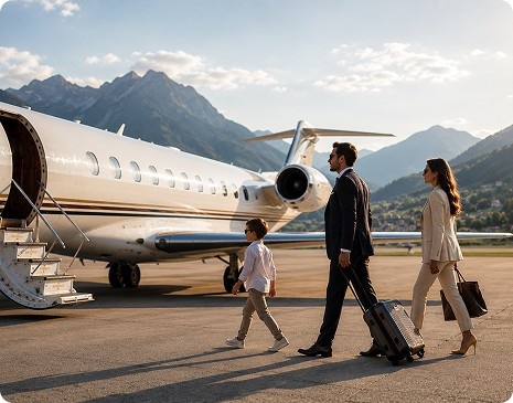 Family of three walks toward a private jet on a sunny runway; father and mother with a child, each with luggage in tow.