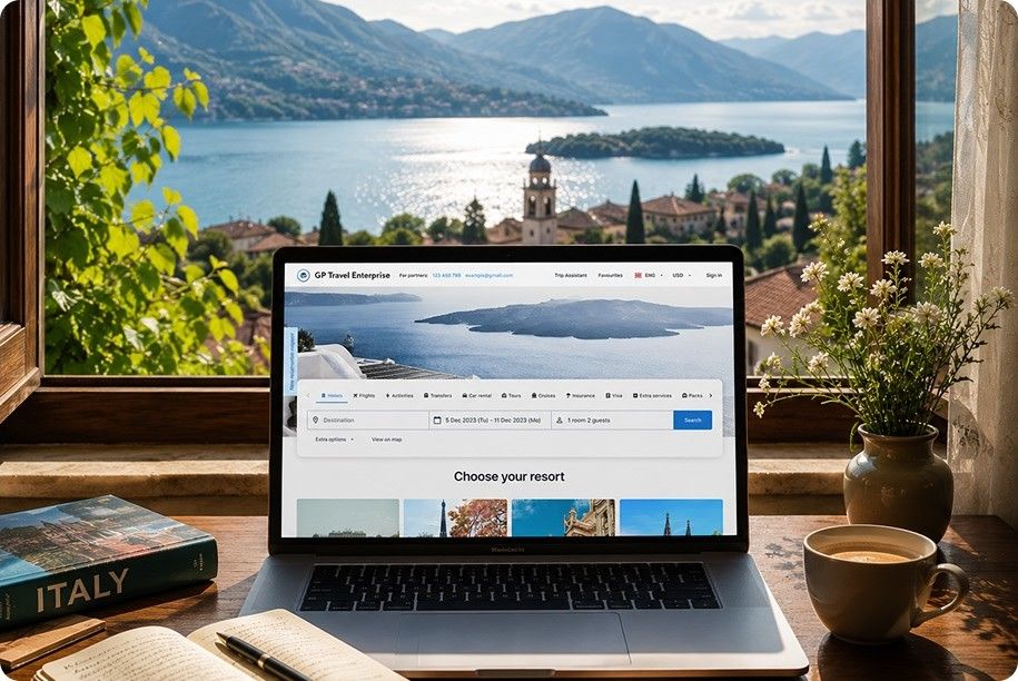 A laptop displays a travel booking page on a wooden desk with a window overlooking a scenic lake and town.