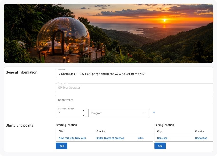 Glass-domed retreat on a hillside at sunset, overlooking a tropical valley and ocean.