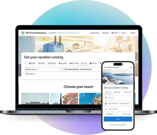 Laptop and smartphone show the GP Travel Enterprise booking site with a vacation search and resort choices visible on both screens.