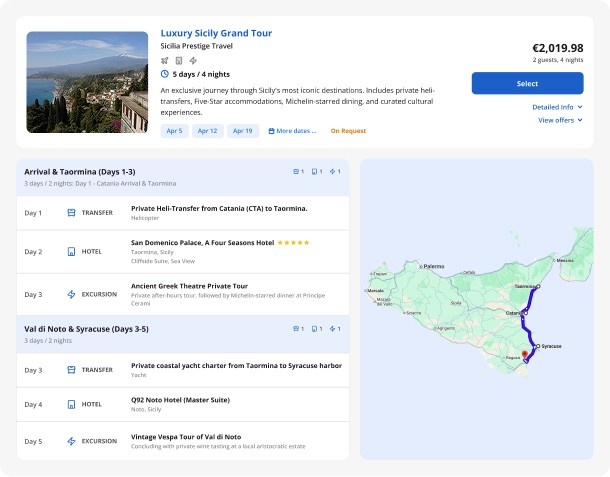 Trip overview for 'Luxury Sicily Grand Tour': price, dates, and a day-by-day itinerary with a right-side map of Sicily route.