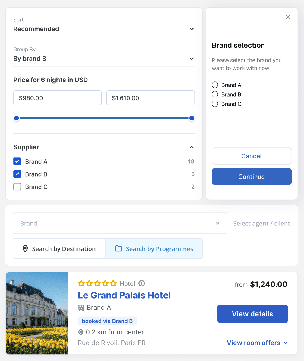 Hotel search UI with filters for sort, group by brand B, price range, and supplier checkboxes; shows a Le Grand Palais Hotel card below.