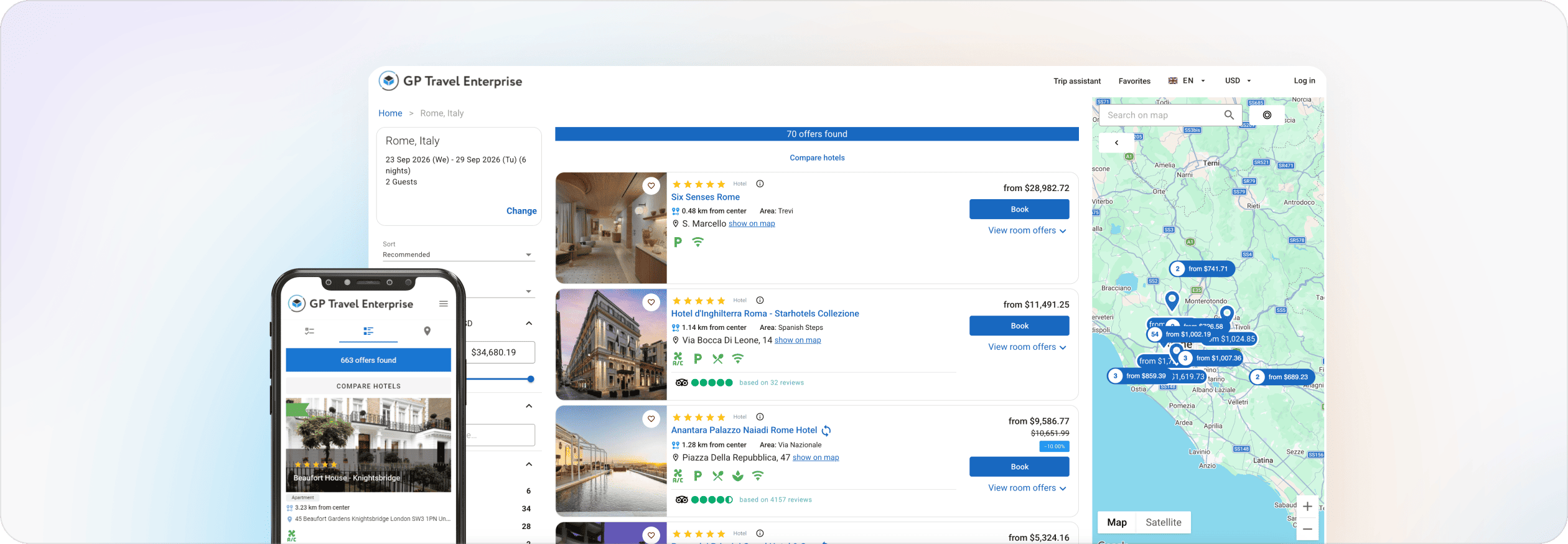 GP Travel Enterprise UI showing hotel search results on desktop with a map on the right and mobile view in foreground.
