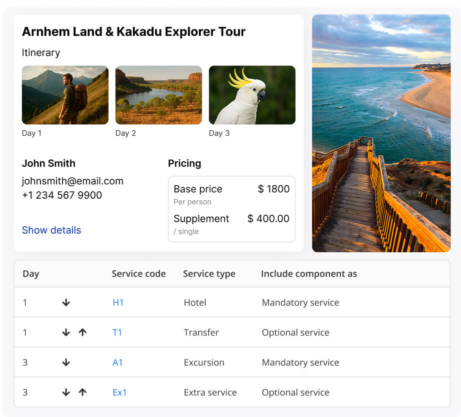 Tour itinerary interface for Arnhem Land & Kakadu Explorer Tour with Day 1–3 cards, pricing, and a coastal photo.
