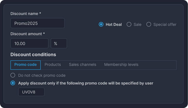 Discount setup panel: name Promo2025, Hot Deal selected, 10% discount, promo code UVOV8 with option to apply only if user specifies code.