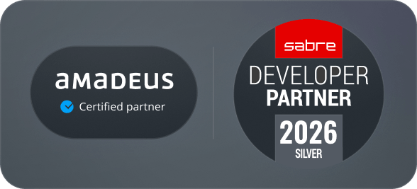 Two partner badges: Amadeus Certified Partner on the left and Sabre Developer Partner 2026 Silver on the right.
