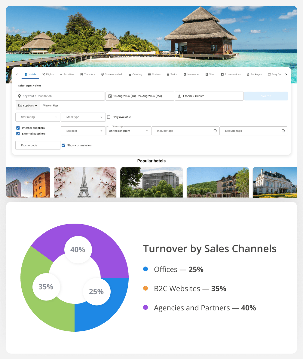Overwater bungalow resort on turquoise sea under a blue sky, with a travel booking UI overlaying the scene.