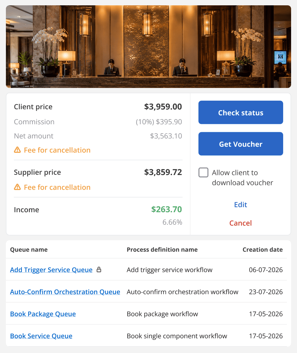 Hotel lobby reception photo above a pricing dashboard showing client price, supplier price, income, and blue buttons: Check status and Get Voucher.