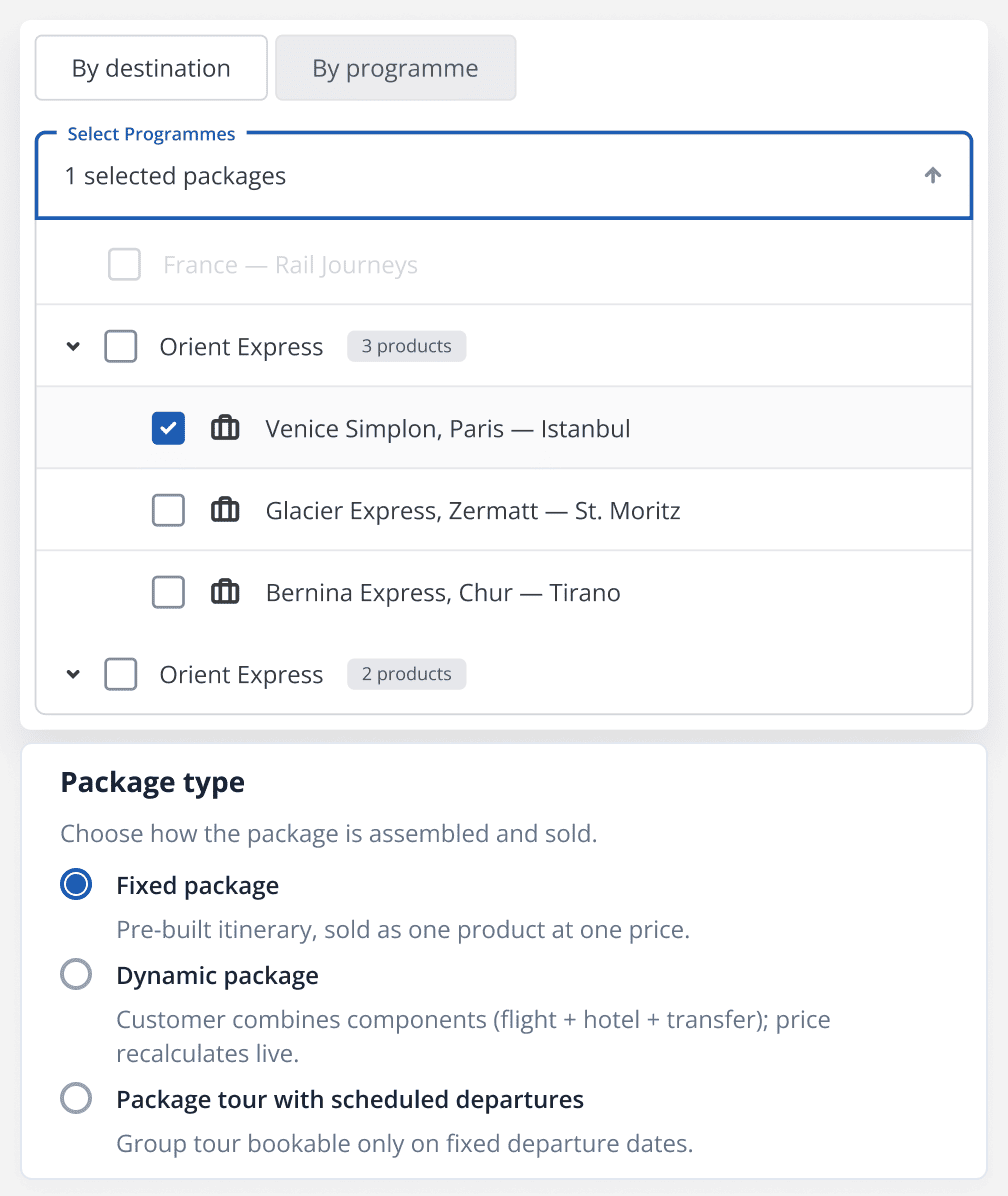 Travel package chooser: tabs By destination / By programme; 1 selected package: Venice Simplon, Paris — Istanbul; list of routes with checkboxes; Package type section shows Fixed package selected, plus Dynamic package and Package tour with scheduled departures.