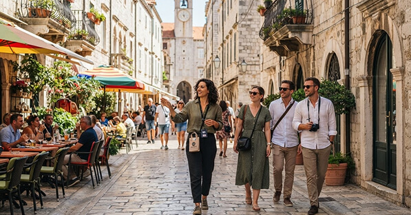 Group of four friends walking down a sunlit cobblestone street lined with outdoor cafes, with diners on the left and a clock tower in the background.