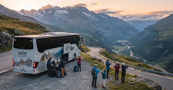 Tour bus stopped on a mountain pass at sunset, hikers with backpacks posing on a winding road against snow-capped peaks.