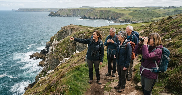 Group of five hikers on a cliff path above the sea, with one woman pointing along the coastline as the others look on.