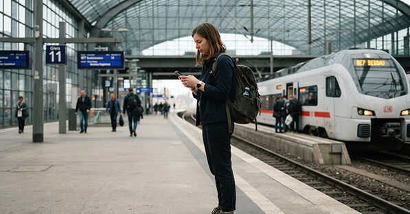 Woman with a backpack checking her phone on a train platform as a white train arrives nearby.
