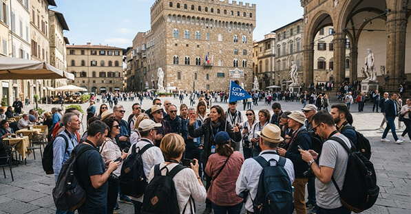 Tour group listening to a guide with a 'City Tours' sign in a historic Italian square with stone buildings and statues.